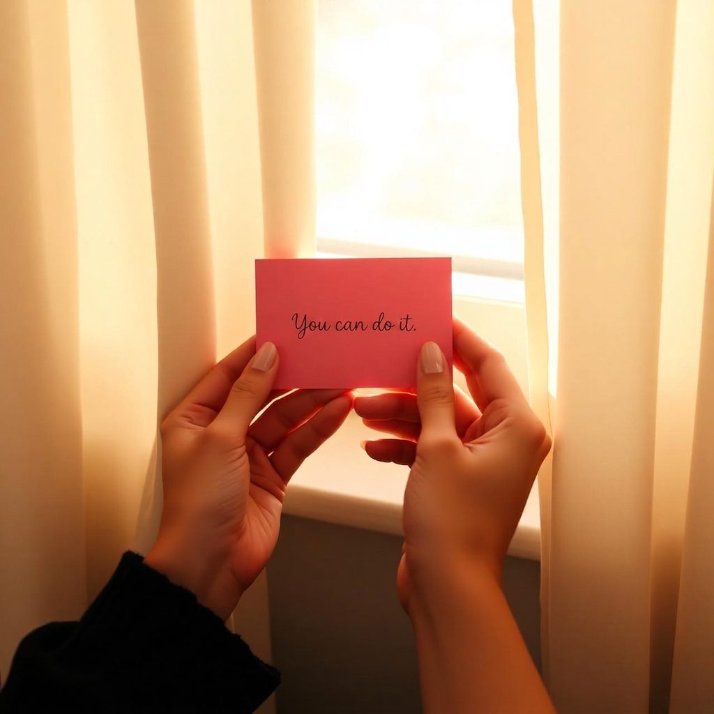 Hands holding an affirmation card in window light
