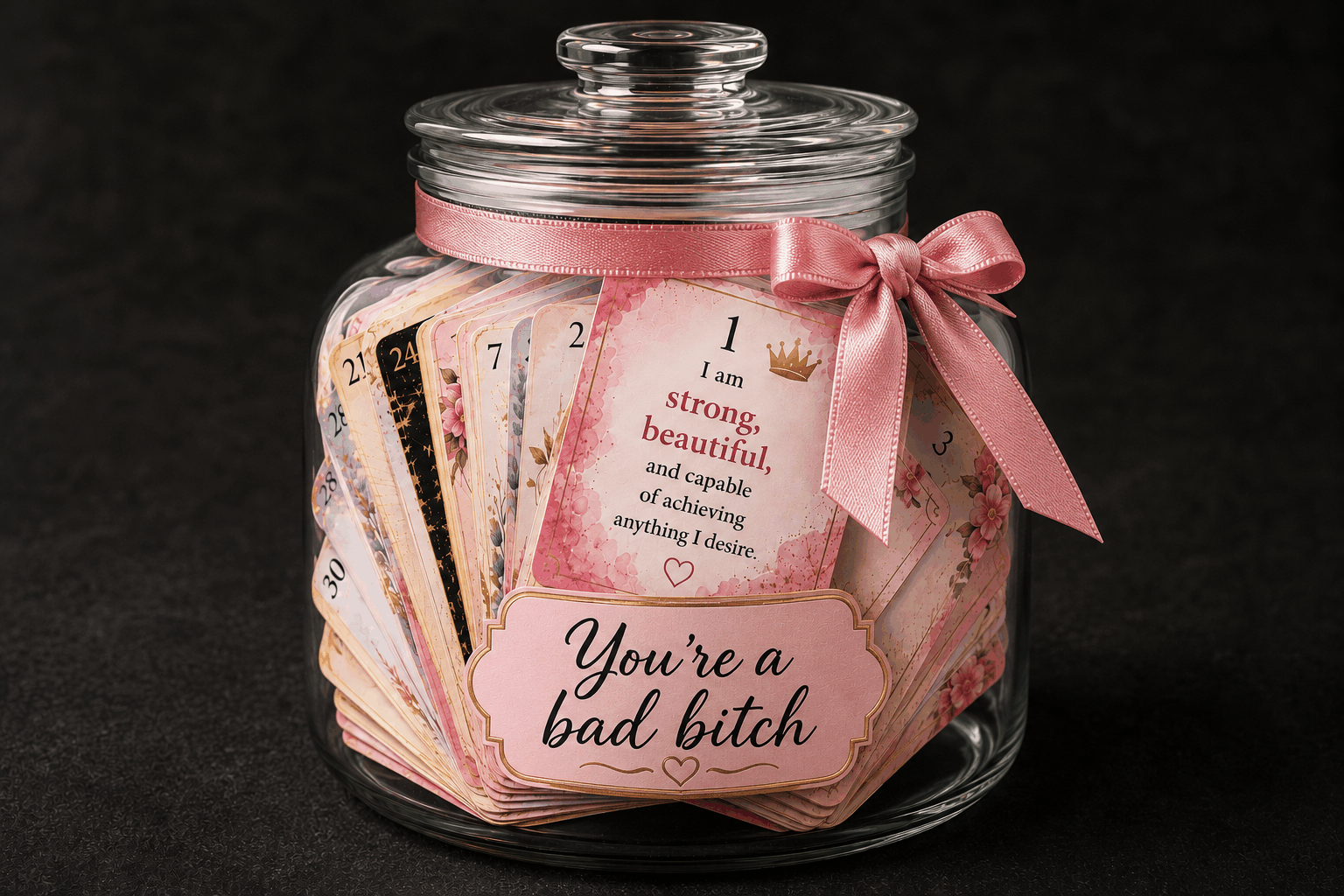 Glass jar of pink affirmation cards with satin ribbon